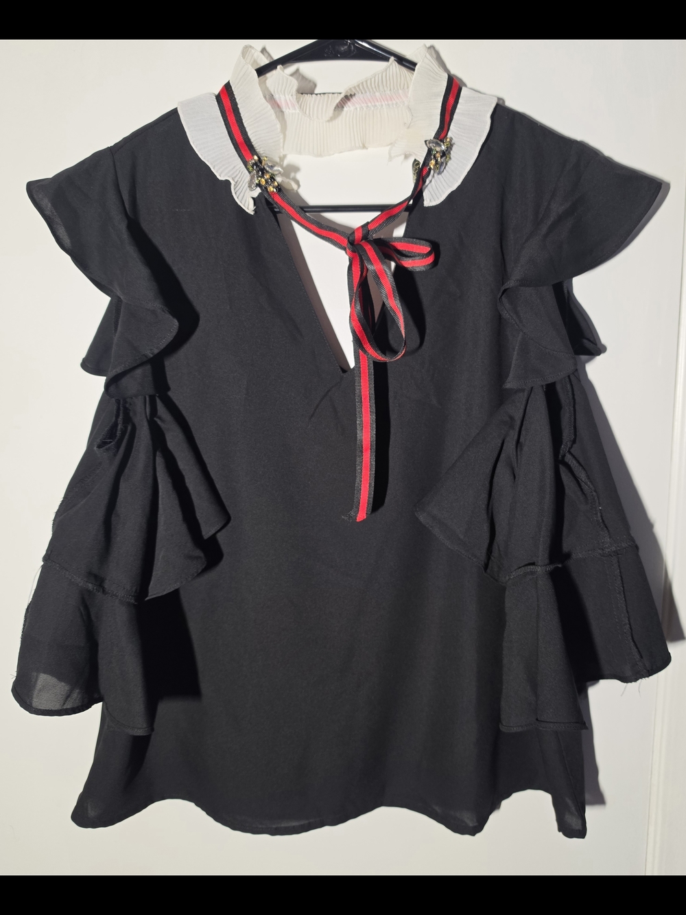 Black Ruffle Sleeve Tie-Neck Women's Top